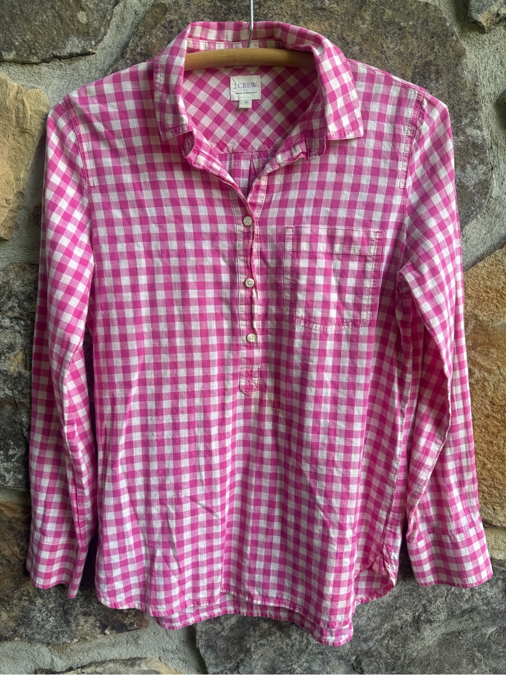J. Crew Pink and White Gingham Button-Front Popover Shirt Boy Fit XS Cottagecore